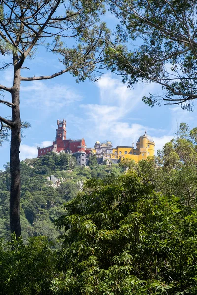 View of the Pena Palace amidst some pine trees in the surrounding forest, Sintra, Lisbon, Portugal, vertical