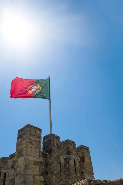 National Flag Portugal Flies Top Battlement Castle George Lisbon Sunny — Stock Photo, Image