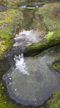 Saf ve kristal sulardan oluşan küçük bir dağ nehri kendi rotası boyunca sakince akar ve yeşil nehir kıyısında iki küçük şelale, dikey döngü, 4k, dikey