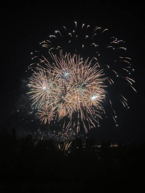 Şenlikli bir kutlama sırasında gökyüzünde altın havai fişekler patlıyor, parlak ışık patlamalarıyla karanlığı aydınlatıyor ve siyah ufka karşı dramatik bir kontrastlık yaratıyor.