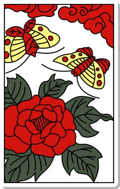 Etiket stili Hanafuda Minazuki Şakayık Kelebeği June Şakayık ve Kelebek