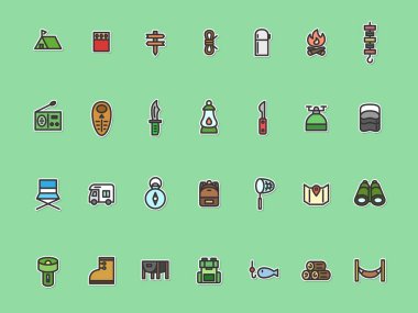 Çıkartma stili kamp basit resim simgesi seti