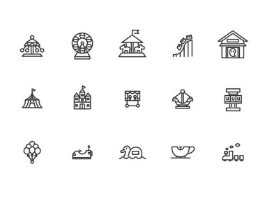 Satır çizimi eğlence parkı basit illüstrasyon simgesi seti