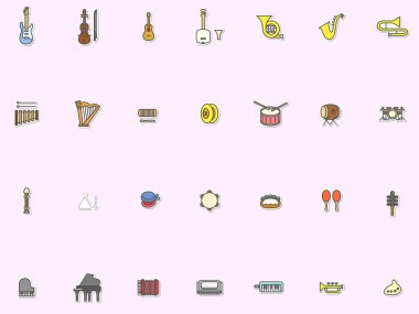 Çıkartma stili müzik enstrümanı resimleme simgesi seti