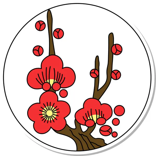 stock vector Sticker style circular hanafuda Kisaragi plum February plum dregs