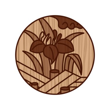 Wood carving style circular simple hanafuda, iris, Yatsuhashi, Moriwaka, Satsuki, May, iris and Yatsuhashi clipart