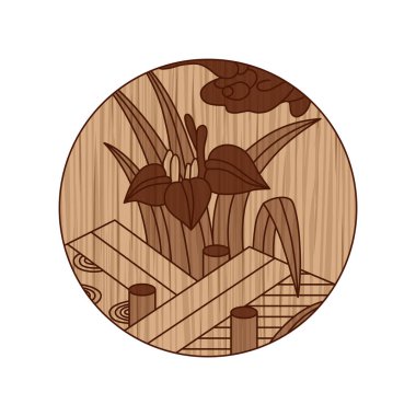 Wood carving style circular hanafuda, iris, Yatsuhashi, Moriwaka, Satsuki, May, iris and Yatsuhashi clipart