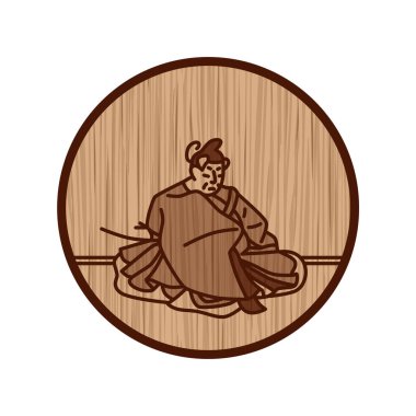 Wood carving circular simple Hyakunin Isshu Mibu Tadashi clipart