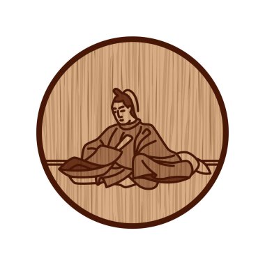 Wood carving circular simple Hyakunin Isshu by Minamoto Kanemasa clipart