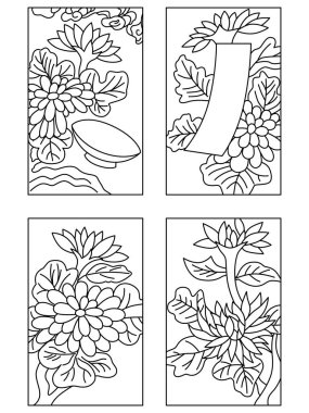 Eylül çizgisi Hanafuda simgesi seti çiziyor
