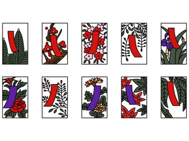 Kırmızı kısa mavi kısa renk basit hanafuda simgesi seti