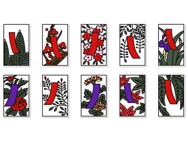 Kırmızı kısa mavi çıkartma basit Hanafuda simgesi seti
