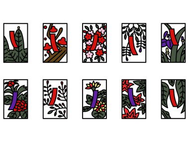 Kırmızı kısa mavi kısa renk mini Hanafuda simgesi seti