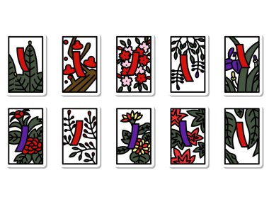 Kırmızı kısa mavi çıkartma mini Hanafuda simgesi seti