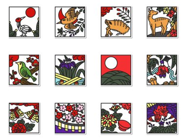 Kare çıkartma Hanafuda simgesi seti (arkaplan yok)