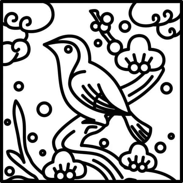 Çizgi çizimi basit Hanafuda Japon bülbülü Kisaragi, erik, şubat, erik ve bülbül