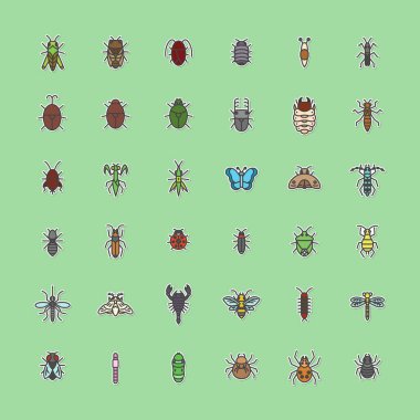 Çıkartma biçimi mini böcek resimleme simgesi seti