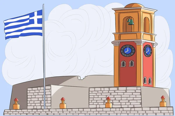코르푸에 요새와 시계탑 위에는 그리스 국기가 있습니다 그리스 일러스트 — 스톡 벡터