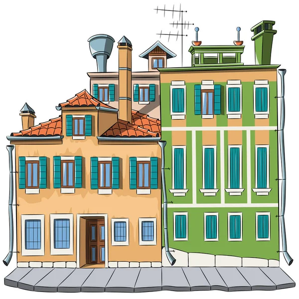 Beyaz Arka Planda Izole Edilmiş Eski Geleneksel Evlerin Çok Renkli — Stok Vektör