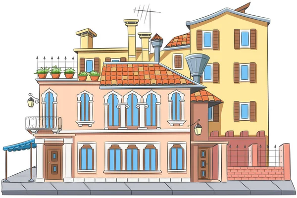 Façades Multicolores Vieilles Maisons Traditionnelles Colorées Isolées Sur Fond Blanc — Image vectorielle