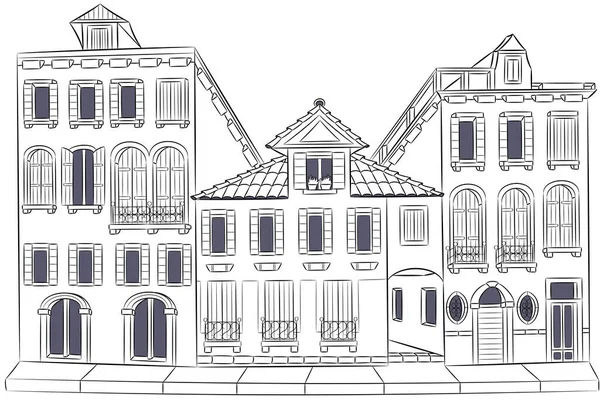 Σχέδιο Τριών Παλαιών Παραδοσιακών Σπιτιών Που Απομονώνονται Λευκό Φόντο Βενετία — Διανυσματικό Αρχείο