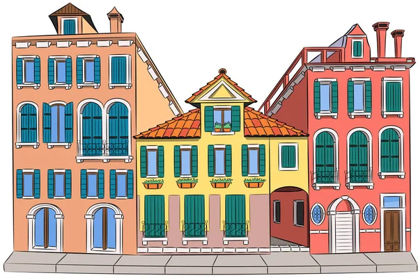 Façades Multicolores Vieilles Maisons Traditionnelles Médiévales Colorées Isolées Sur Fond — Image vectorielle
