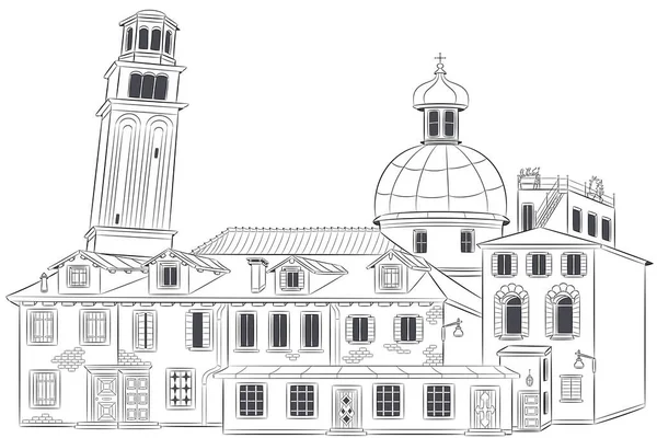 Dessin Vieilles Maisons Traditionnelles Clocher Dôme Cathédrale Isolé Sur Fond — Image vectorielle