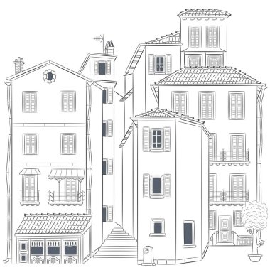 View of the facades of houses in the old part of Menton. France. Provence. Vector illustration.