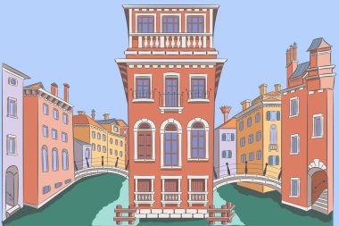 Drawing old multi -colored traditional houses and bridges above the canal. Italy. Vector illustration.