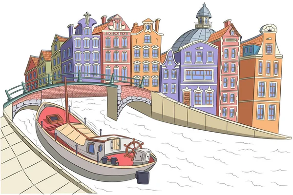 Cargo Barge Canal City Embankment Traditional Colorful Houses Vector Illustration — стоковый вектор