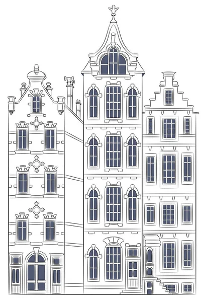 Černobílá Kresba Fasád Tradičních Domů Nábřeží Amsterdamu Nizozemsko Vektorová Ilustrace — Stockový vektor