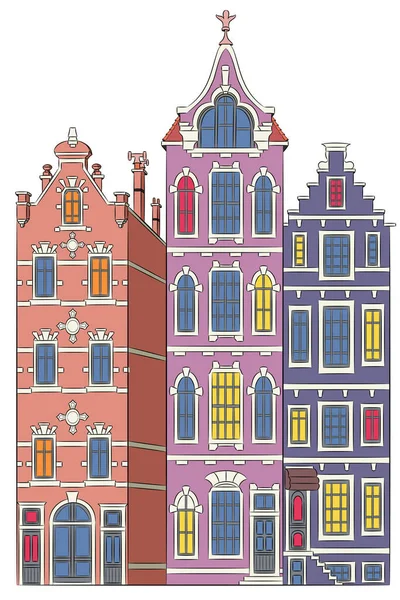Fassaden Alter Bunter Traditioneller Häuser Mit Hellen Fenstern Amsterdam Niederlande — Stockvektor