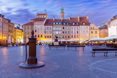 View of the old market square with colorful facades of old houses at dawn. Warsaw. Poland.