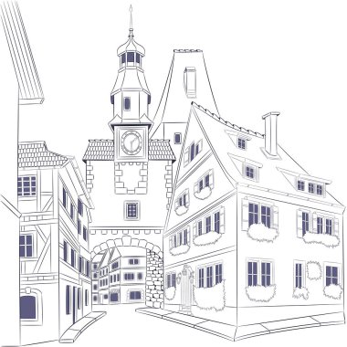 Rothenburg ob der Tauber 'deki eski ortaçağ yarı keresteli evlerin ve şehir saat kulesinin siyah beyaz çizimi. Almanya. Bavyera 'da. Vektör illüstrasyonu.