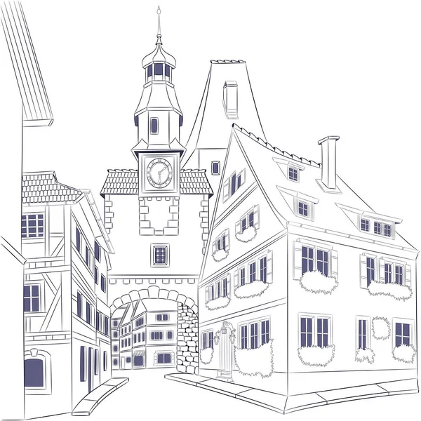 Czarno Biały Rysunek Starych Średniowiecznych Domów Muru Pruskiego Wieży Zegarowej — Wektor stockowy