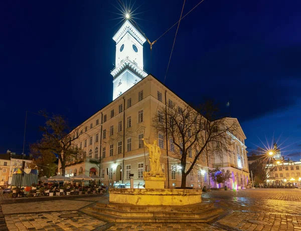 Der Mittelalterliche Rathausplatz Der Altstadt Bei Nacht Lemberg Ukraine — Stockfoto
