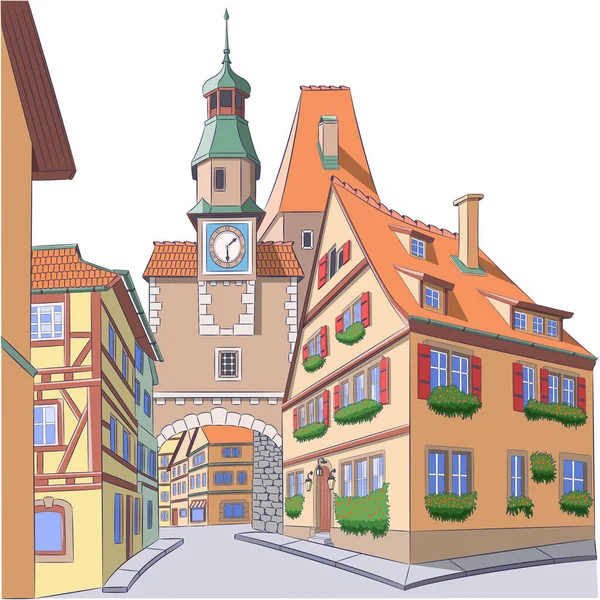 Farbzeichnung Alter Mittelalterlicher Fachwerkhäuser Und Des Turms Der Stadtuhr Rothenburg — Stockvektor