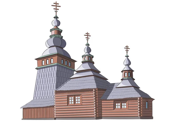 白い背景に隔離されたドーム上に十字架と木製の正教会のウクライナのベクトルイラスト — ストックベクタ