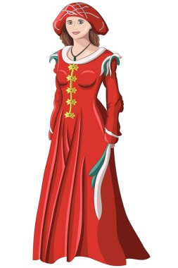 Eski bir ortaçağ kırmızı kostümlü güzel genç kız beyaz arka planda izole edilmiş. Vektör illüstrasyonu.