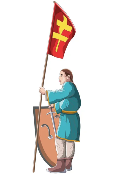 Caballero Escudero Traje Medieval Con Una Bandera Escudo Espada Ilustración — Vector de stock