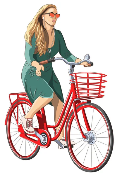 一个穿着绿色衣服 戴着眼镜的年轻貌美的女人骑着一辆亮红色的自行车和一个篮子 矢量说明 — 图库矢量图片