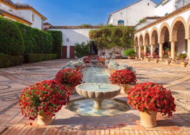 Cordoba 'nın eski kısımlarında fıskiyeli geleneksel bir teras manzarası. İspanya. Endülüs