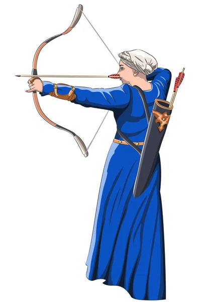 一个穿着中世纪蓝色旧衣服的年轻姑娘开枪打了一个战斗弓 矢量说明 — 图库矢量图片