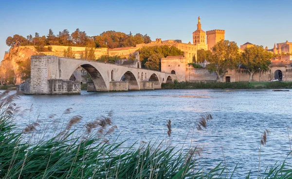 Célèbre Pont Médiéval Saint Benezet Travers Rhône Coucher Soleil Avignon — Photo