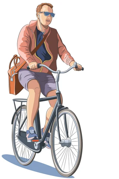 Joven Gafas Con Maletín Sobre Hombro Monta Bicicleta Ilustración Vectorial — Vector de stock