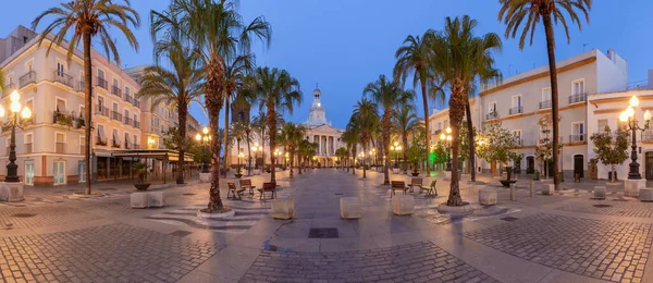 stock image Panoramic shot of the central square of San Juan de Dios in Cadiz at dawn. Spain. Andalusia.