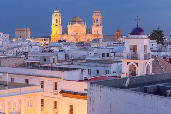 Budova Katedrály Kříže Cádizu Proti Modré Obloze Při Západu Slunce — Stock fotografie