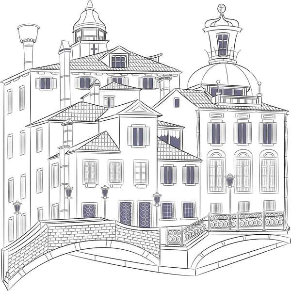 Рисунок Фасадов Старинных Средневековых Домов Площади Венеции Италия Векторная Иллюстрация — стоковый вектор