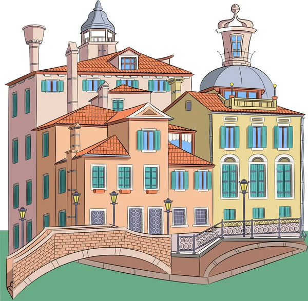 中世纪五彩斑斓的传统房屋 钟楼和防波堤的五彩斑斓的立面 威尼斯 意大利 矢量说明 — 图库矢量图片