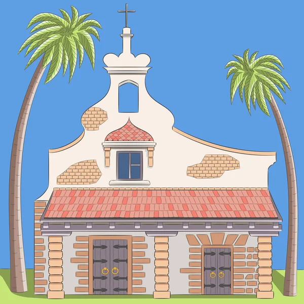 Wektorowa Ilustracja Kamiennej Kaplicy Fort Saint Catalina Palmami Tle Błękitnego — Wektor stockowy